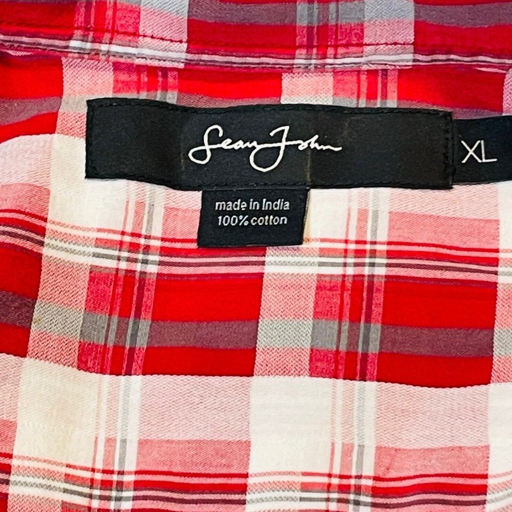 Sean John Shirt Mens Extra Large Red White Plaid Long Sleeve Button Up XL - Picture 6 of 8